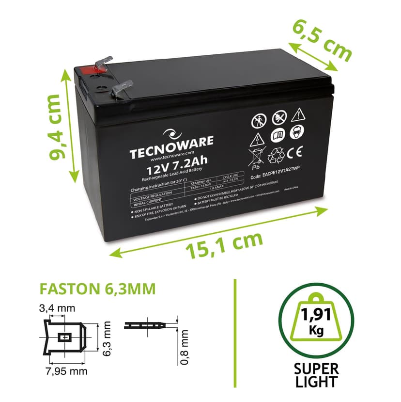 Tecnoware Power Systems - 12V Charge 7.2 Ah Lead-Acid Sealed Battery, for UPS, Video Surveillance and Alarm Systems, 2.5 Inch Faston Connection, Long Lasting, No Maintenance, Bianco, Size 7.2 Ah - 3