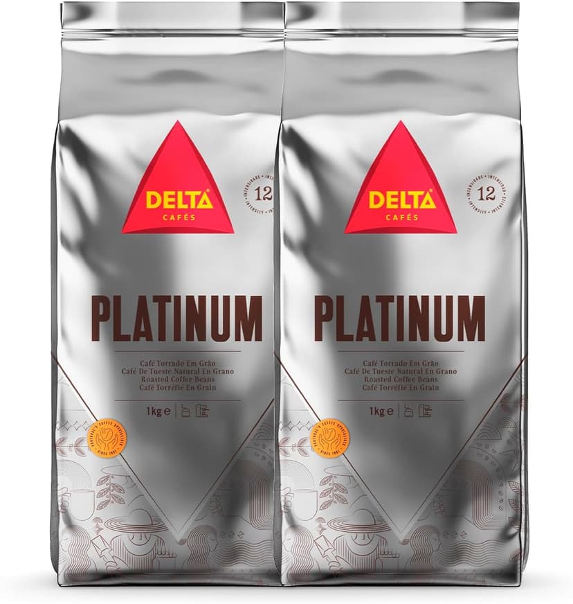 Delta Cafés - Kaffeebohnen Platinum - 2 Pakete à 1 kg - Intensität 12 - Vollmundige Arabica-Röstkaffeebohnenmischung - Sehr aromatisch mit Noten von Reifen Früchten - 1