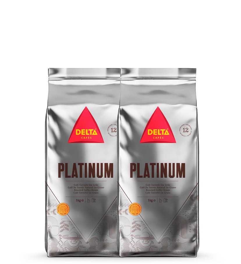 Delta Cafés - Kaffeebohnen Platinum - 2 Pakete à 1 kg - Intensität 12 - Vollmundige Arabica-Röstkaffeebohnenmischung - Sehr aromatisch mit Noten von Reifen Früchten - 1