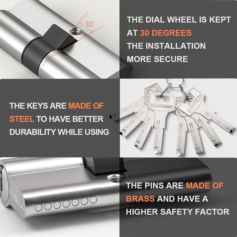 Bwintech 70mm(35/35) Nickel Zinc Alloy Euro Cylinder Lock,Door Barrel Lock,Key Key with 8 Horizontal dimple Keys,High Security for UPVC,Wooden,Composite Doors - 5