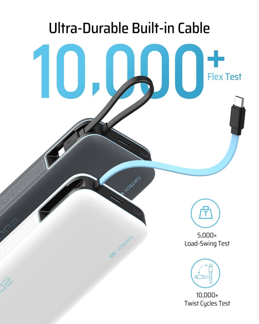 CUKTECH 45W Power Bank, 20000mAh Portable Charger with Built in USB C Cable, Fast Charging Battery Pack with 3 Output 2 Input for iPhone16 Series, Samsung, Pixel, iPad and More (Black) - 7