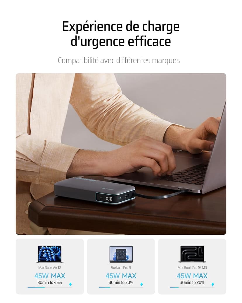 CUKTECH 45W Batterie Externe 20000mAh Power Bank, Batterie Externe Charge Rapide avec Cable Intégré USB C, Batterie Portable pour iPhone 17/16/15/14/13, Samsung, Xiaomi, iPad, MacBook, Switch - 8