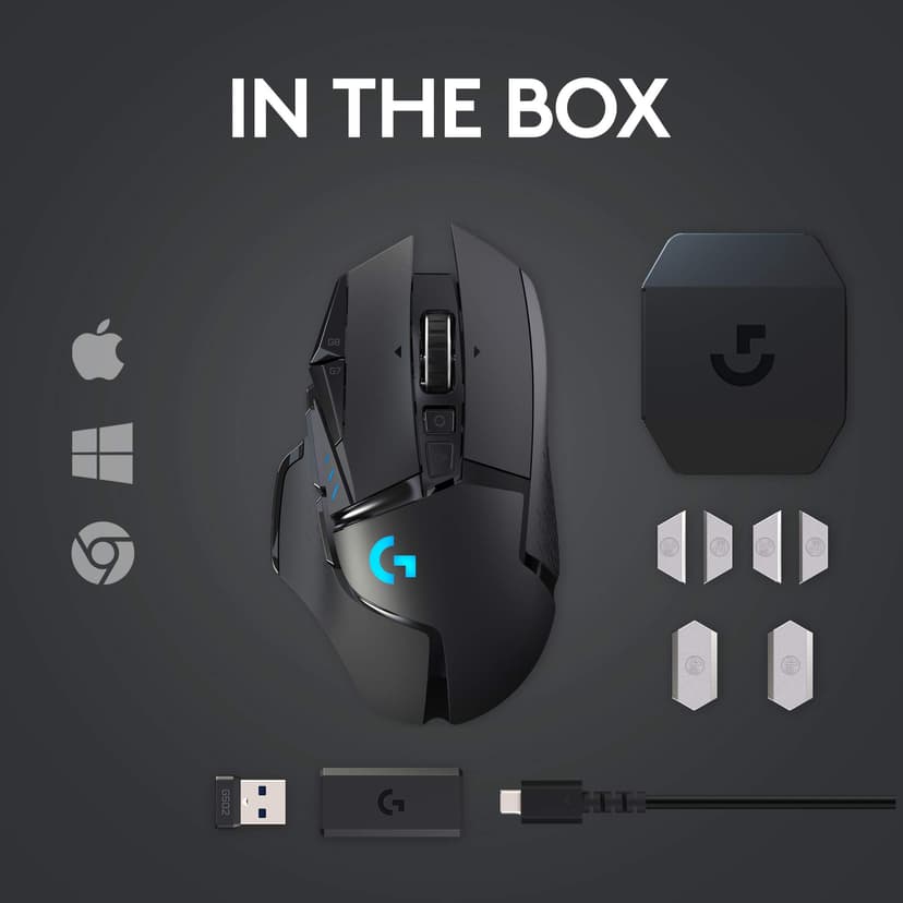 Logitech G502 Lightspeed Wireless Gaming Mouse, Hero 25K Sensor, 25,600 DPI, RGB, Adjustable Weights, 11 Programmable Buttons, Long Battery Life, POWERPLAY-Compatible, PC/Mac - Black - 9