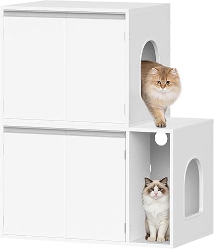Hzuaneri Meuble Litiere pour 2 Chats, Maison de Toilette Chat, Maison Cachée pour Chat avec Chambres Doubles, 140 x 48 x 48 CM, pour Cacher la Plupart des Bacs à Litière pour Chats, Blanc CB65603X