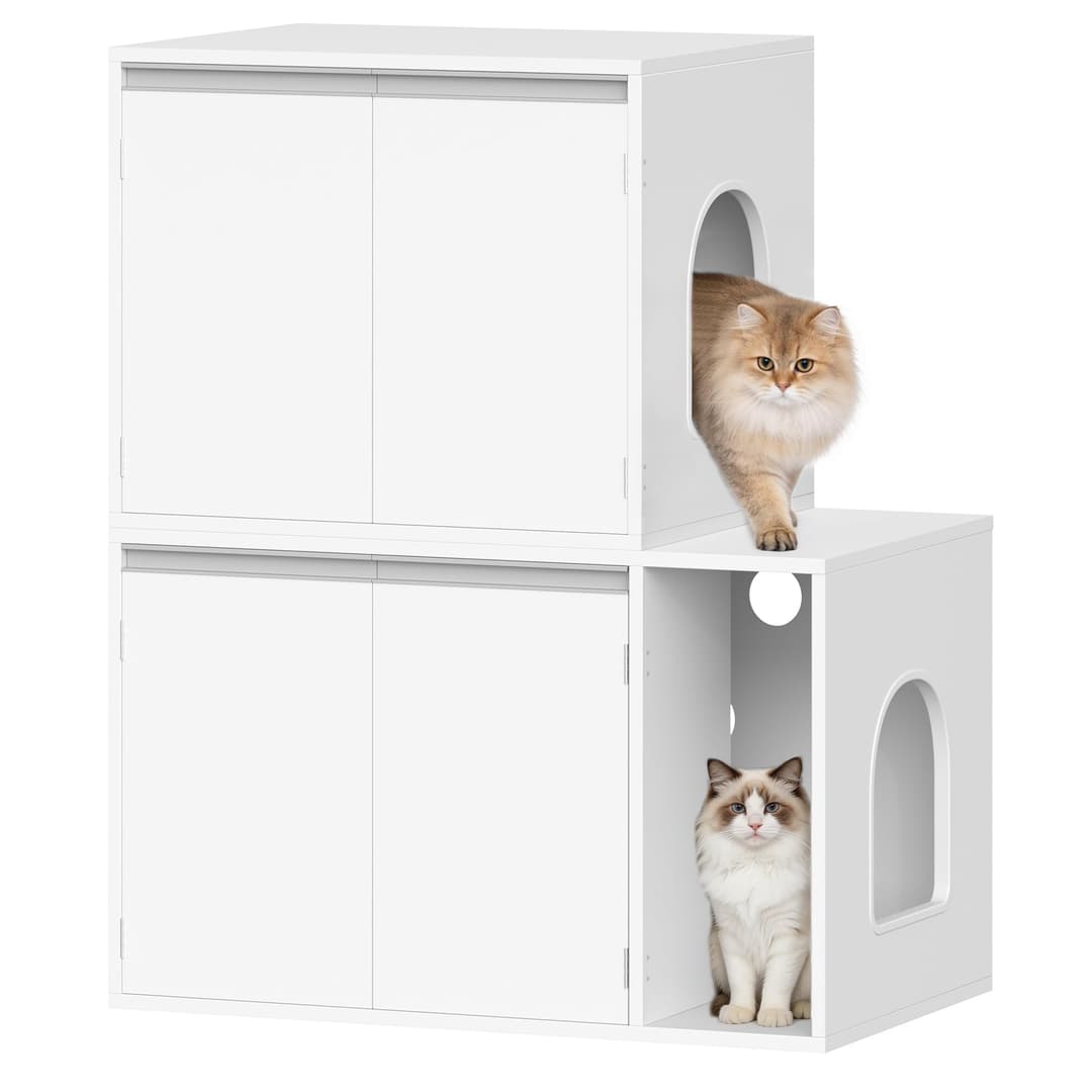 Hzuaneri Cat Litter Box Enclosure for 2 Cats, Hidden Litter Box Furniture Cabinet, Double Layer Indoor Cat House, Can be Used as TV Cabinet, 140 x 48.3 x 48 cm, White CB65603X