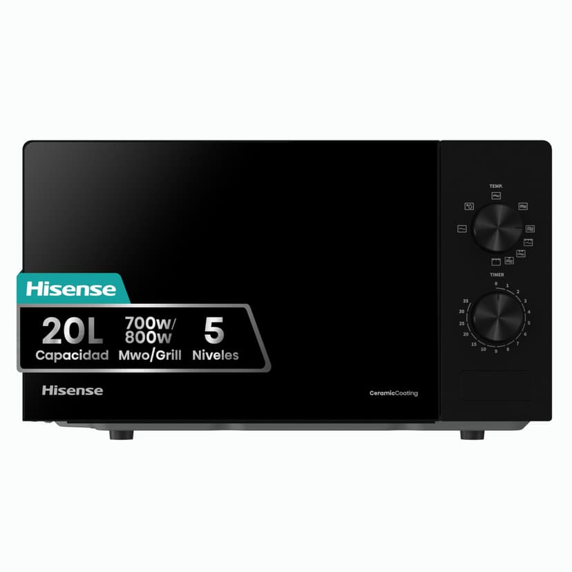 Hisense H20MOBP1G Microwave with Grill, 20L Capacity, 700W Power, 900W with Grill, 5 Levels, 30 Minute Timer, Defrost Mode, Shooter, Black Finish - 1