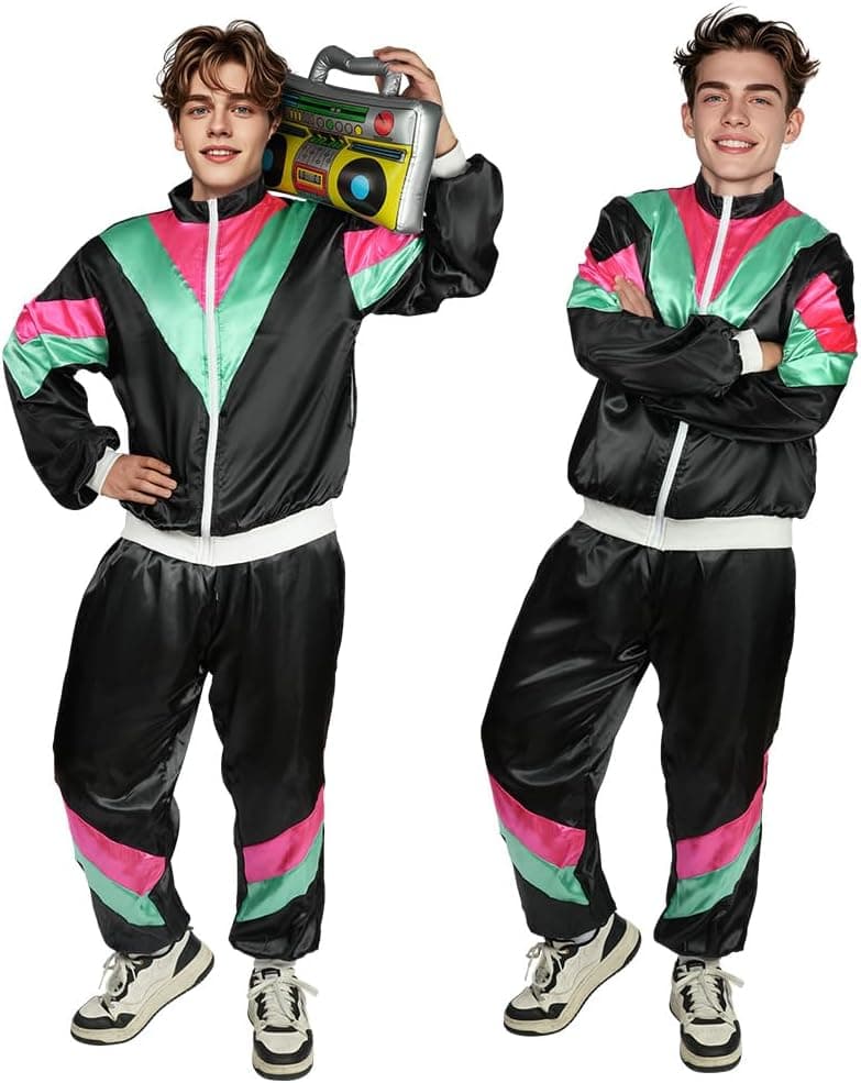 AYBUY 80s 90s Fancy Dress, Retro Disco Sportswear Outfit Set, 80s Shell Suit Costume, Hip Hop Costume Outfit for Theme Party, Halloween, Music Festivals, Masquerade, Carnival (L)
