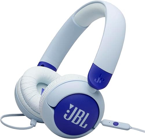 JBL Junior 320, Wired On-Ear Headphones for Kids with Built-In Mic, JBL Safe Sound, Low Volume, 12 mm Thick Soft Pad and Sticker Set, Ultra-Portable Design, Blue