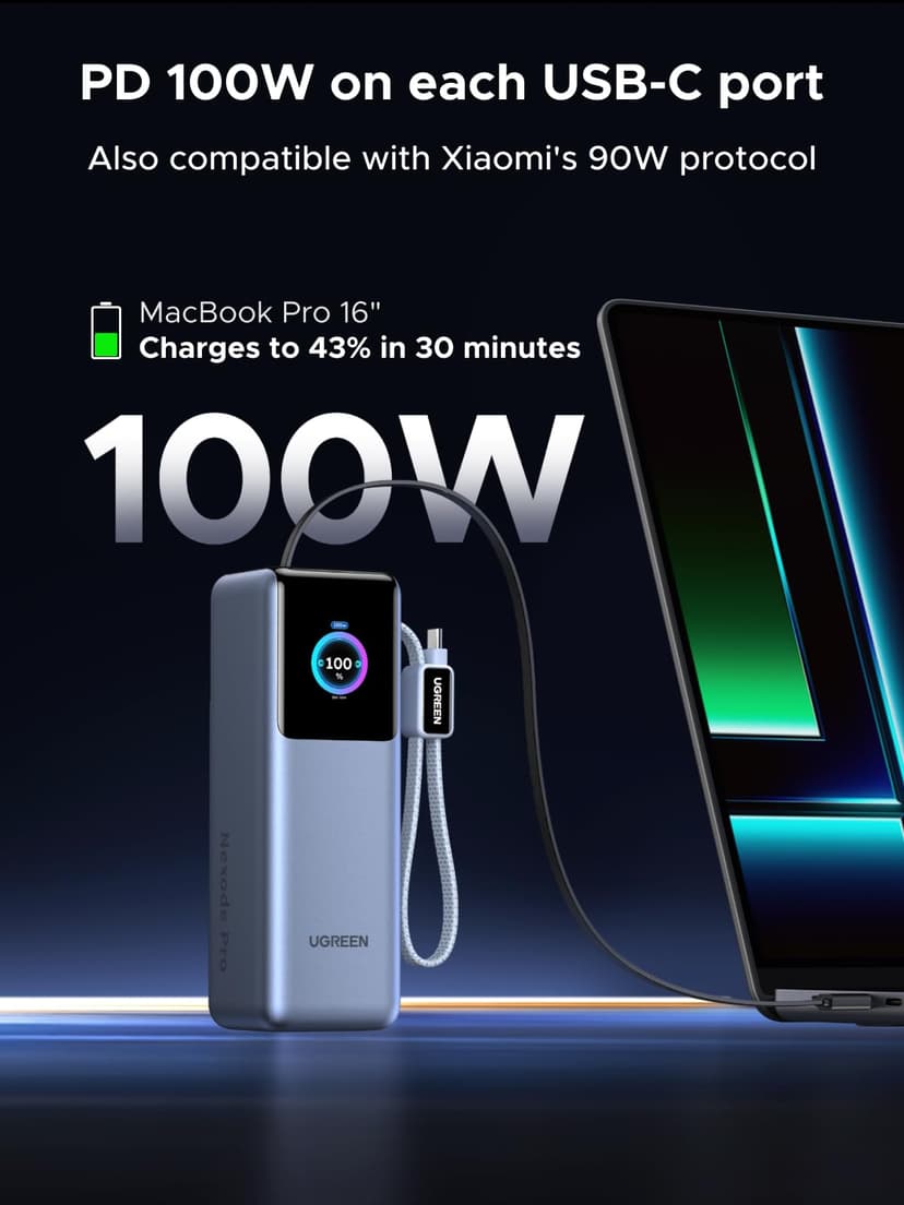 UGREEN Nexode Laptop Power Bank 25000mAh 200W Fast Charging Portable Charger Built-in Retractable Cable & Smart Display 4-Way Output Battery Pack Compatible with Dell, HP, iPad, iPhone 17/16 - 2