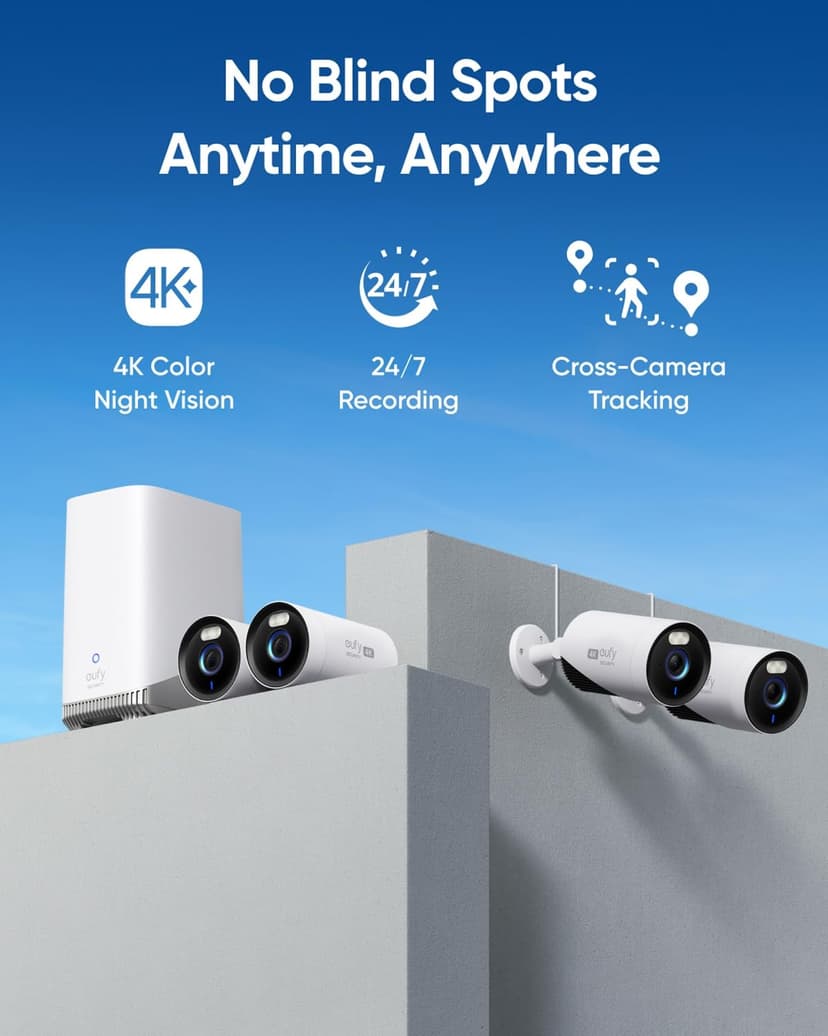 eufy Security eufyCam E330 (Pro) caméra de sécurité extérieure, résolution 4K, Enregistrement 24h/24 7j/7, Plug-in, Wi-FI amélioré, Reconnaissance faciale AI, sans Frais, HomeBase 3 requis - 2