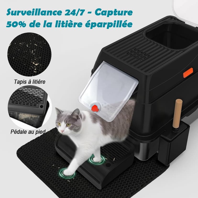 SZEETECH Bac Litiere pour Chat XL, Litière en Acier Inoxydable avec Couvercle, Bac Litiere pour Chat, Cat Litter Box, Pelle+Tapis+Marchepied- 60x40x39,5 cm (Noir) - 5