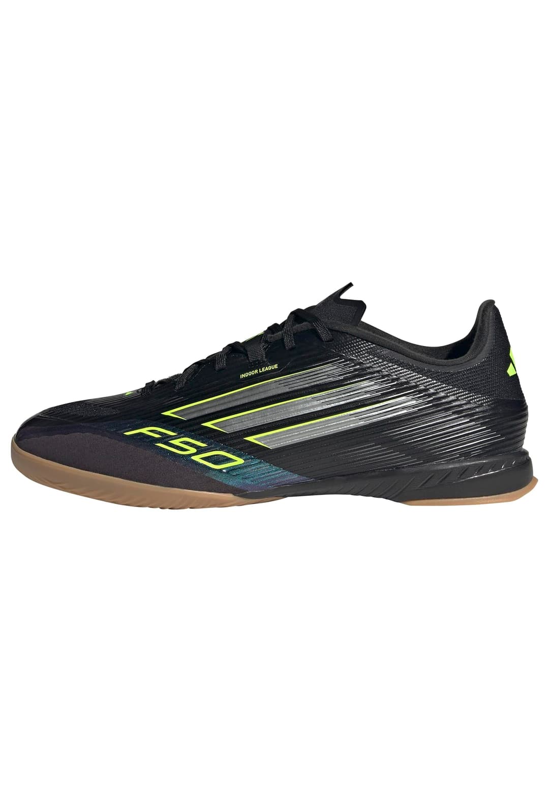 adidas Unisex F50 League Indoor Football Boots, Core Black/Iron Metallic/Lucid Lemon, 10.5 UK