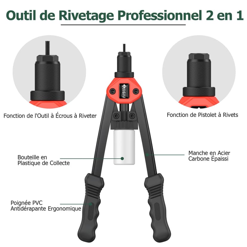 JiGiU 2 in 1 Rivet Nut Tool and Rivet Gun, Professional Hand Rivnut Gun Rivet Nut Gun Tool Heavy Duty Rivnut Tool Kit with M3 M4 M5 M6 M8 M10 M12 & 3.2/4.0/4.8/6.0/6.4 Rivet Heads,110 Nuts & 50 Rivets - 2