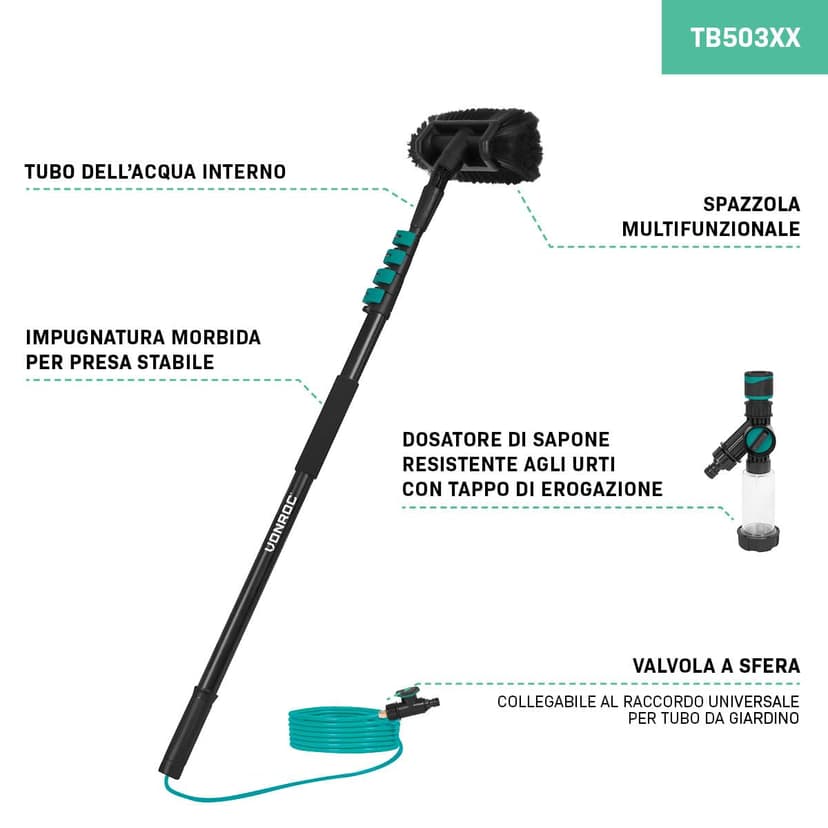 VONROC Window Cleaner with Telescopic Rod 4.6 m - Car Wash Brush with Handle, Professional Window Wiper with Washing Brush for Windows, Solar System - Includes Brush, Hose, Soap Dispenser - 3