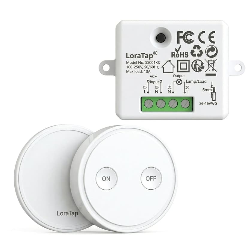 LoraTap Kit Interrupteur Sans Fil, Récepteur 2500W, Emetteur Radio 868Mhz, Va et Vient, Commande à Distance Mural Avec Télécommande ON/OFF Pour Eclairage - 1