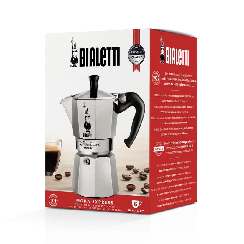 Bialetti Moka Express Caffettiera in Alluminio, 6 Cups, Acciaio Inossidabile, Argento,270 milliliters, Silver - 6