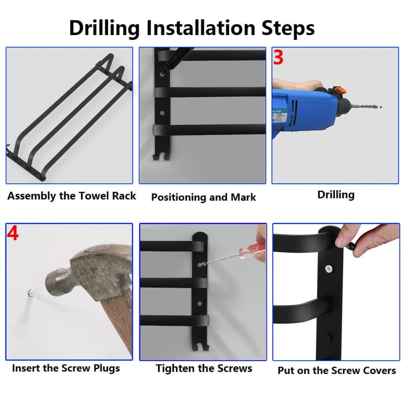 HONPHIER Towel Rails Wall Mounted 3 Tier Towel Rack With Hooks Space Aluminum Towel Rack Bathroom Towel Holder No Fading Towel Shelves For Kitchen Bathroom Toilet Hotel Office (Black, 50CM) - 5