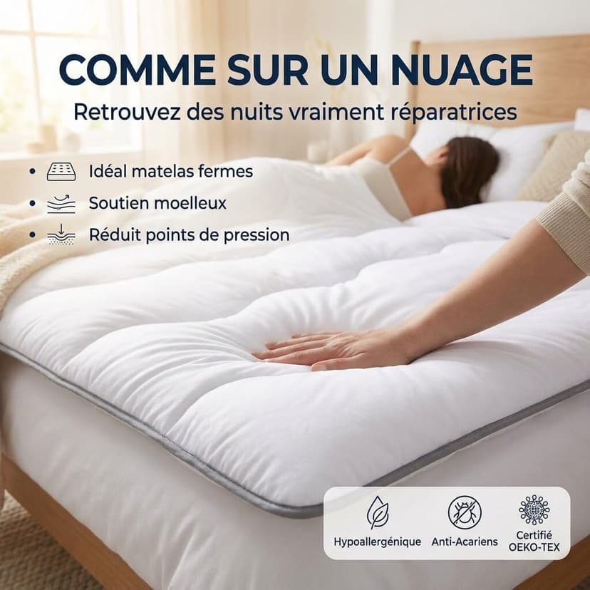 CASABEL Surmatelas Nuage 90 x 200 cm en Microfibre - Confort Optimal - Moelleux, Anti-acarien, Respirant- pour Matelas 1 Place Adulte et Enfant, Clic Clac, BZ - 2