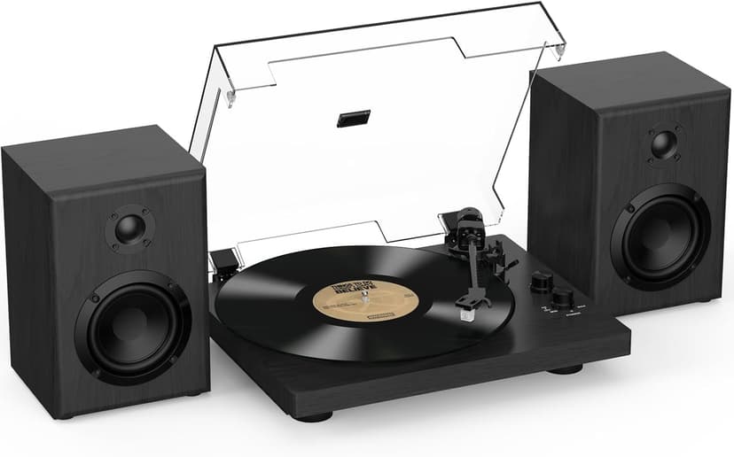 Trynnay Bluetooth Vintage Turntable with Shelf Speakers Belt-Drive 2 Speed Black - 1