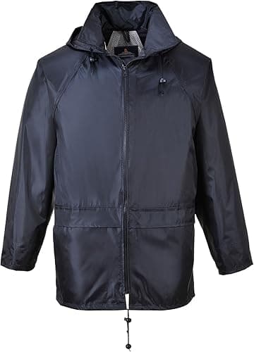 Portwest S440 Classic Rain Jacket Waterproof Coat Windbreaker Raincoat Hooded Workwear Pack Away Taped Seams Vented EN 343 PFAS Free Texpel Splash Eco UPF 40+, Navy, 6XL