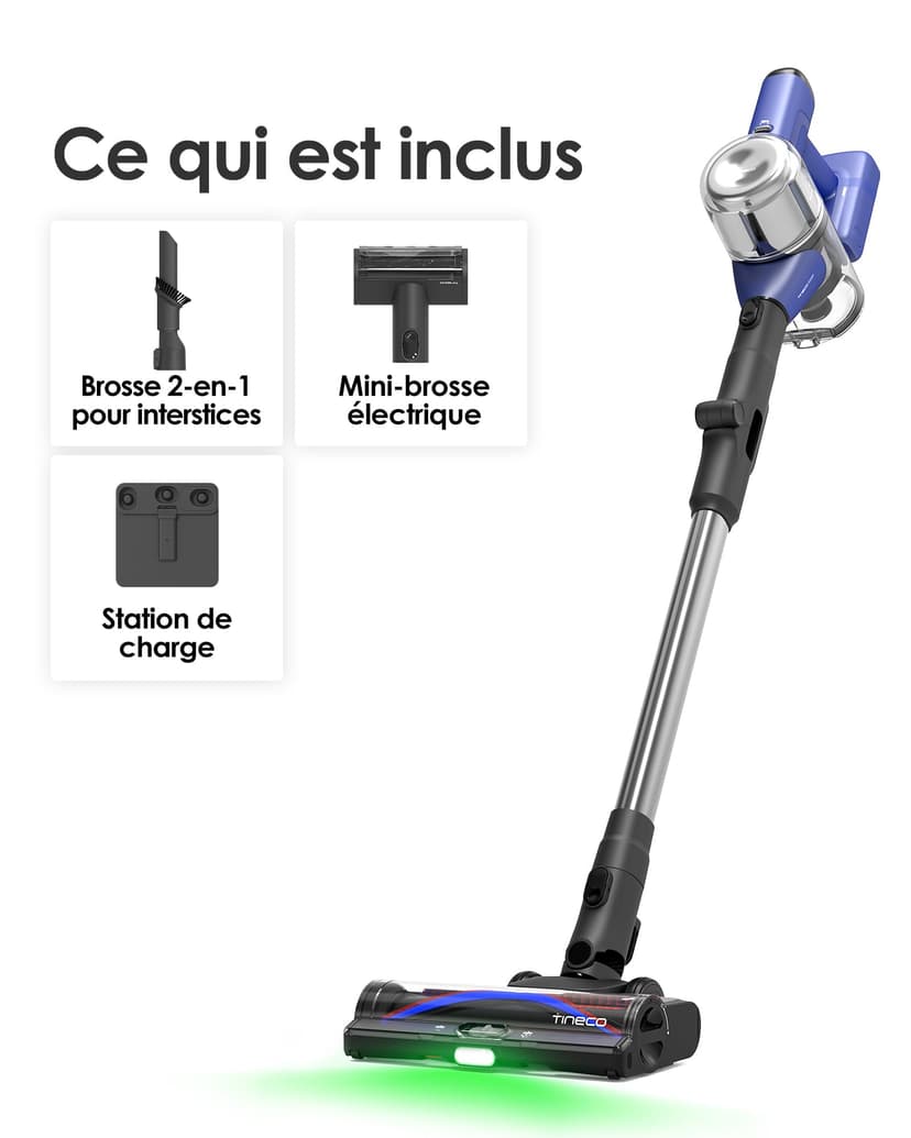 Tineco Pure One S50 Pro Aspirateur Balai sans Fil, Aspiration 200AW, Autonomie 95 Min, Brosse Anti-écheveaux, Tube Pliable à 180°, Eclairage LED Vert à 120°, Elimine Facilement Gros Débris - 9