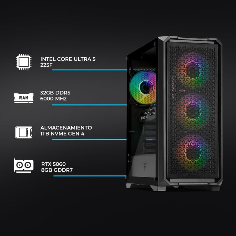 YEYIAN PC Gaming VR Esports AI Intel Core Ultra 5 225F 10 Core 4.9GHz Nvidia GeForce RTX 5060 8GB GDDR7 32GB DDR5 6000MHz 1TB SSD Gen 4 WiFi 6+BT 5.3 LAN 2.5GB Win 111 Pro - 2