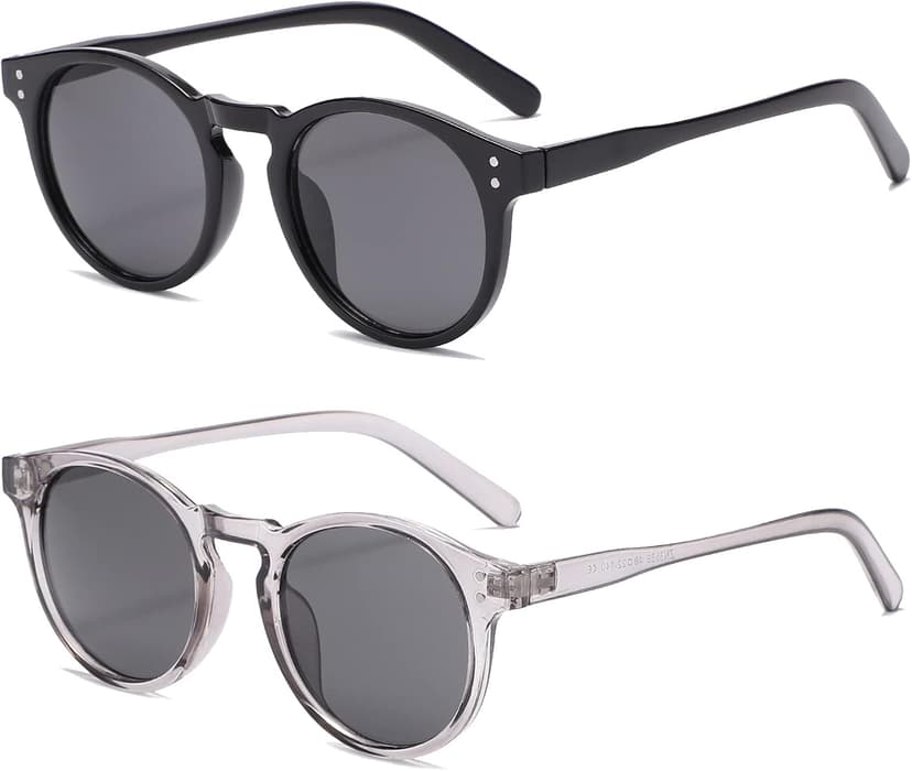 Long Keeper 2 Pair Vintage Round Sunglasses for Mens Womens Clear Frame Classic Retro Small Round Glasses UV400 Protection - 1