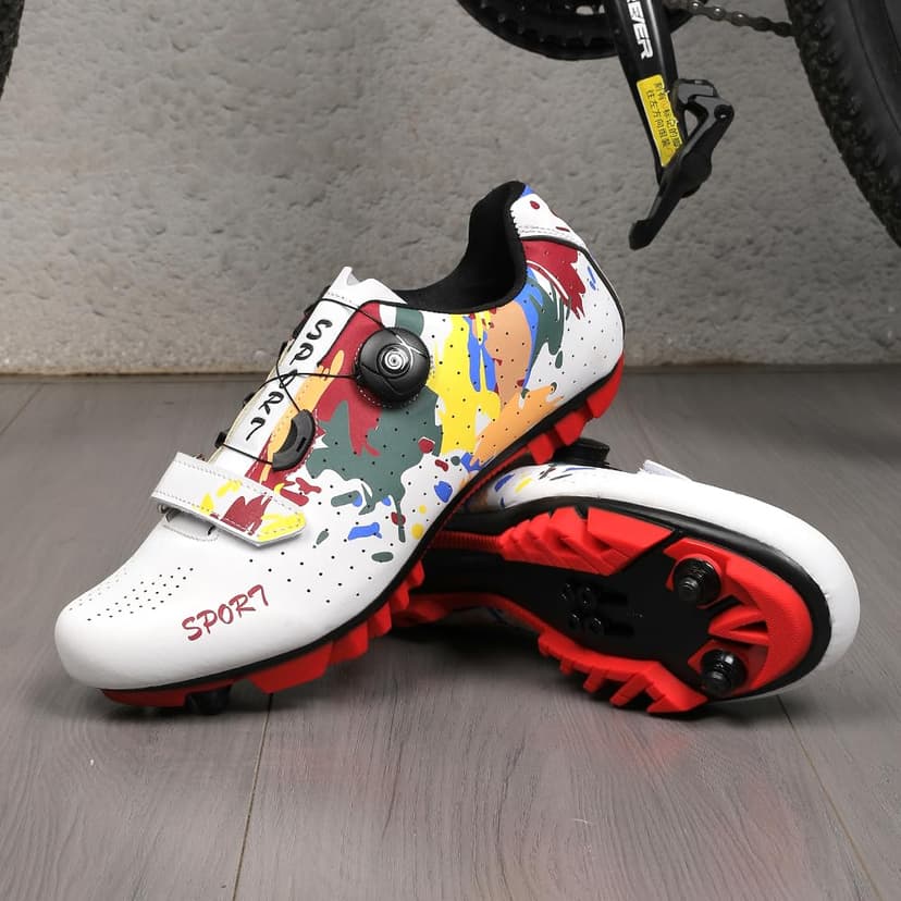 Hixingo Chaussures de Cyclisme pour Femmes Hommes, Graffitis Colorés Impression Chaussures D'équitation sur Montagne, Crampons Respirantes Semelle Dure Chaussures de Vélo - 2