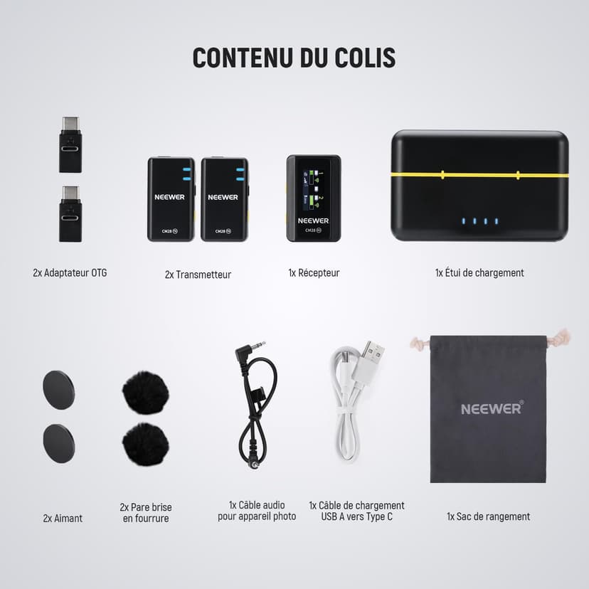 NEEWER CM28 (1 RX + 2 TX + Charging Case), Wireless Lavalier Microphone, Smart Noise Cancelling, 48KHz/16Bit 9 Hrs Uncompressed Recording, 656ft/200m Range, Lav Mic for iPhone, Android, Camera - 9