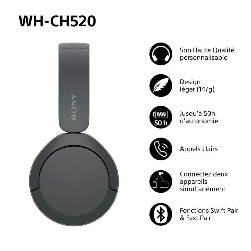 Sony WH-CH520 - Casque Bluetooth sans Fil, Multipoint, Micro intégré - jusqu'à 50 Heures d'autonomie et Charge Rapide - Noir - 2