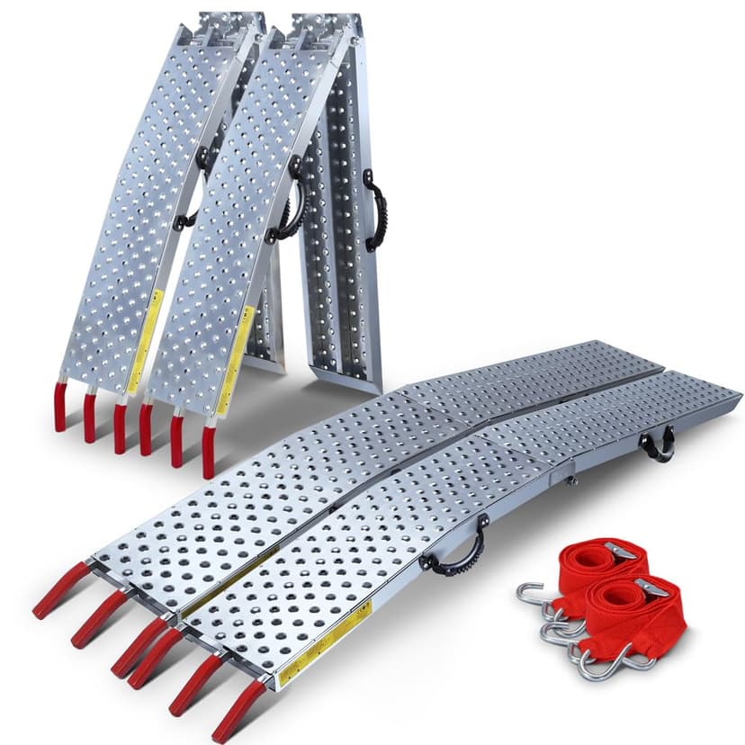 VOUNOT® Set of 2 Loading Ramps, Heavy Duty Foldable Galvanized Metal Ramps Non-Slip with Hook Safety Straps for Van, Lawnmower, ATV, Quad Motorcycle, 800 kg Max Loading - 1