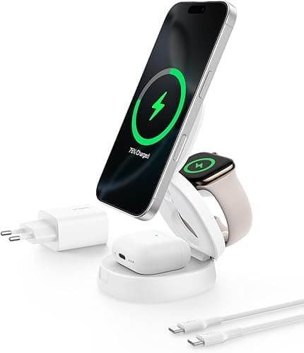 Belkin BoostCharge Station de Charge 3-en-1 Pliable, Chargeur Induction Compatible MagSafe, certifié Qi2, 15 W, pour iPhone 17, Air, Apple Watch, AirPods, Pixelsnap, Adaptateur 36W Inclus - Blanc