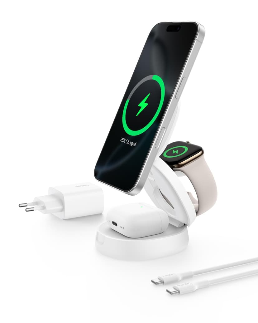 Belkin BoostCharge Station de Charge 3-en-1 Pliable, Chargeur Induction Compatible MagSafe, certifié Qi2, 15 W, pour iPhone 17, Air, Apple Watch, AirPods, Pixelsnap, Adaptateur 36W Inclus - Blanc - 1
