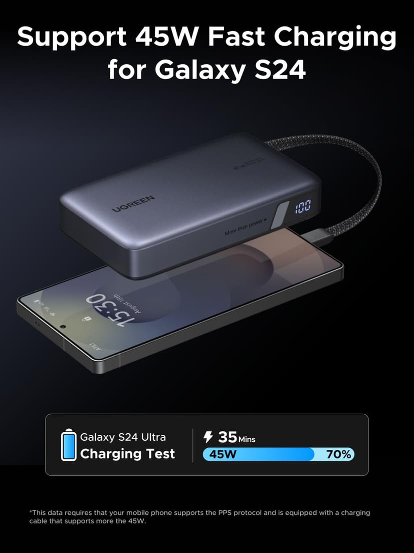 UGREEN Nexode 67W Power Bank Fast Charging 20000mAh with Built-in USB C Cable 3-Way Output Portable Charger 65W Input Battery Pack Compatible with Laptop, iPad, iPhone 17/16, Galaxy S25, Redmi, Poco - 3