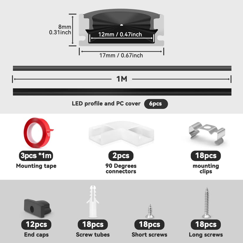 HOMMAND 6 x 1m/3.3ft LED Profile U Shape Aluminium Channel with Diffuser Strip, Corner Connectors, End Caps, Mounting Clips, Indoor LED Strip Light Holder - 2