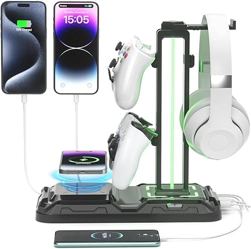 KDD Headphone Stand - Rotatable Controller Holder with Wireless Charging & 9 Light Modes, Gaming Headset Stand with 2 USB and Type C Ports - Controller Stand for Gamers Desktop Accessories (Black)