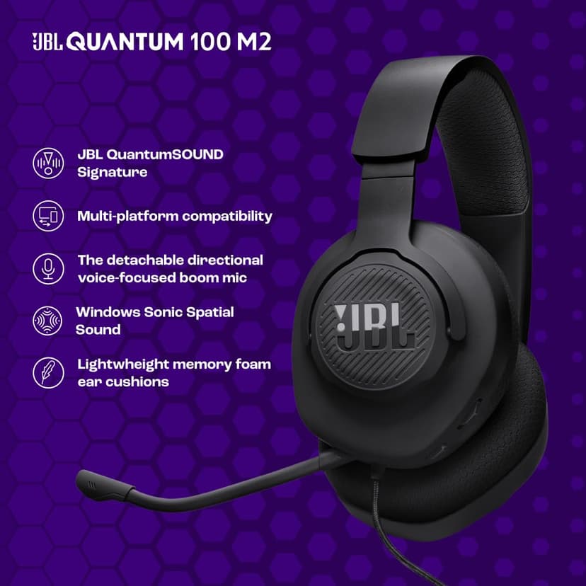 JBL Quantum 100M2 Wired Over-Ear Gaming Headset with JBL QuantumSOUND Signature and 3.5 mm Headphone Jack, Multi-Platform Compatibility, Detachable Mic, Mute Option, Black - 3