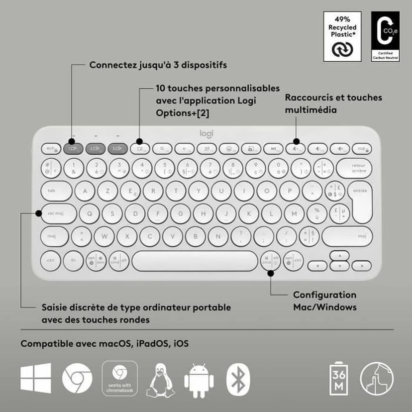 Logitech Pebble Keys 2 K380s - AZERTY French Layout, White - 6