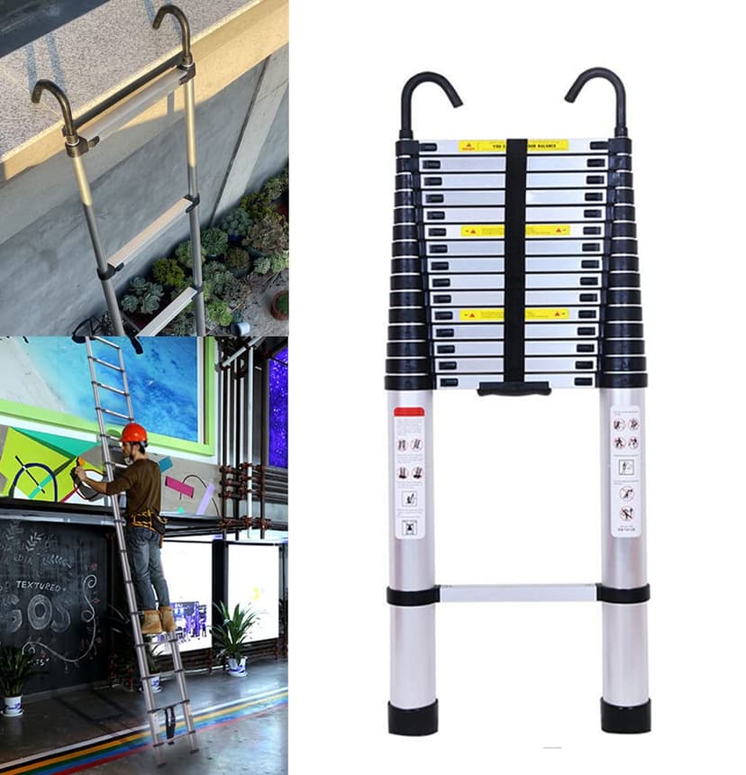 Échelle télescopique de 5 m avec 2 Crochets, antidérapante, 13 échelons, Portable, pour l'extérieur et l'intérieur, capacité de Charge de 150 kg - 1