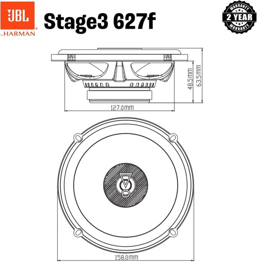 JBL Stage3 637F 6.5 Inch 165mm 3-Way Coaxial Car Speakers 225W Peak Power Auto Audio Sound System with Plus One Woofers and Edge Driven Dome Tweeters No Grills Pair - 3