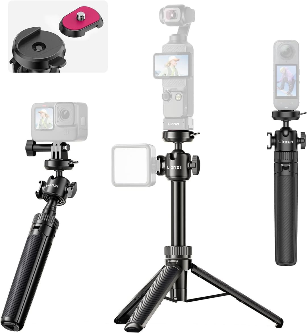 ULANZI MT90 Action Camera Tripod Stand Vlog Handle Grip with Cka Quick Release w Ballhead w Cold Shoe, Camera Desktop Tripod for Go Pro Hero, Insta360, DJI Osmo Pocket 3 4 /Action/360, Small Cameras