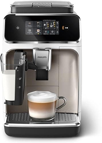 Philips 2300-4 Series Automatic Espresso Machine, Modern Color Touch Screen, LatatteGo Milk System, SilentBrew, Ceramic Grinder, AquaClean, White Chrome (EP2333/40)