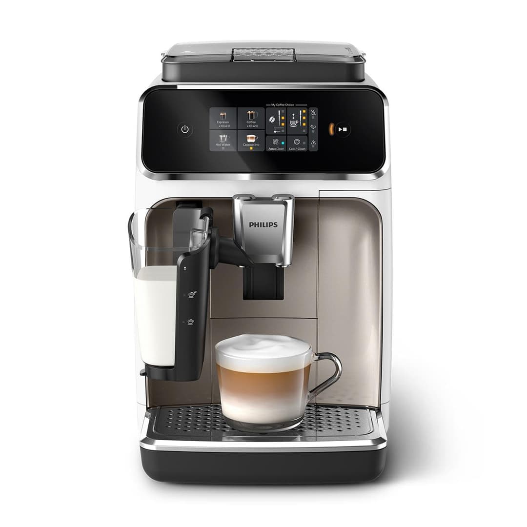 Philips 2300-4 Series Automatic Espresso Machine, Modern Color Touch Screen, LatatteGo Milk System, SilentBrew, Ceramic Grinder, AquaClean, White Chrome (EP2333/40)