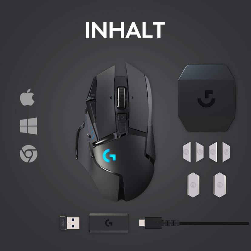 Logitech G502 LIGHTSPEED Wireless Gaming Mouse, HERO 16K Sensor, 16,000 DPI, RGB, Adjustable Weights, 11 Programmable Buttons, Long Battery Life, On-Board Memory, PC/Mac - Black (German Packaging) - 9