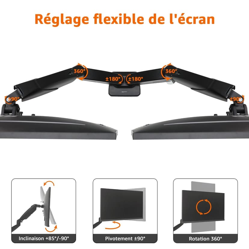 Amazon Basics Support à deux bras réglables à ressort à gaz pour écrans, peut accueillir des écrans allant jusqu’à 27" (68.6 cm), Noir - 4