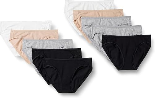 Amazon Essentials Women's Cotton Bikini Brief Underwear (Available in Plus Size), Pack of 10, Black/Grey Heather/Light Pink/White, 10