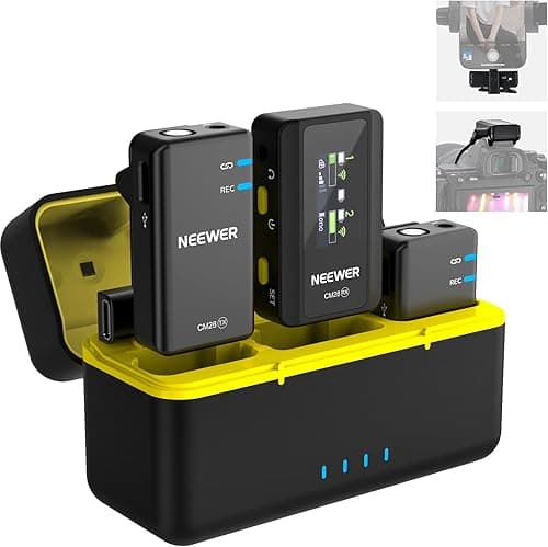 NEEWER CM28(1 RX + 2 TX + étui de chargement),Microphone Cravate sans fil,Bruit Réduction Intelligente,Enregistrement non compressé 48 kHz/16 bits,9 heures,portée de 200m,iPhone,Android,appareil photo