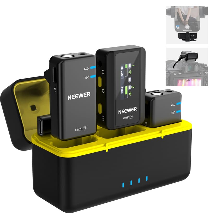 NEEWER CM28 (1 RX + 2 TX + Charging Case), Wireless Lavalier Microphone, Smart Noise Cancelling, 48KHz/16Bit 9 Hrs Uncompressed Recording, 656ft/200m Range, Lav Mic for iPhone, Android, Camera - 1