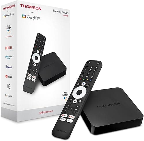 THOMSON Streaming Box 240, Google TV, 4K UHD, Commande vocale, Google Cast, Dolby Atmos, Dolby Digital Plus, Bluetooth 5.0, HDMI 2.1, HDR10, Wi-FI, 2 GB RAM, 8 GB Stockage