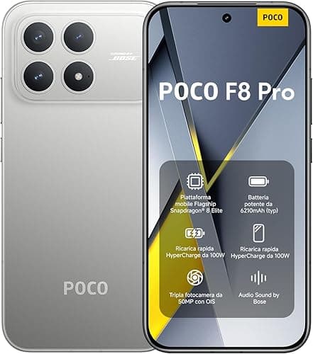 Xiaomi POCO F8 Pro, Smartphone 12+256 GB, 6.59" 120Hz AMOLED Display, 50MP Triple Camera 60mm Telephoto, Sound by Bose, 6210mAh (typ) Battery, Titanium, Charger Not Included
